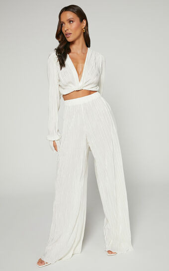 Aluna Two Piece Set - Plisse Twist Front Crop Top and Wide Leg Pants Set in Oyster | Showpo (US, UK & Europe)