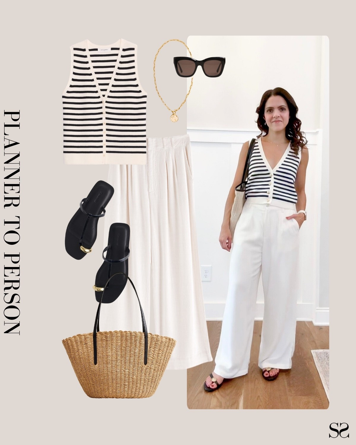 Planner to person | Monthly outfit planner AUGUST: Summer looks, revisit + rework outfit inspo | linen trouser, striped cardigan vest, straw tote, black toe sandals 

#summeroutfit #casualstyle


#LTKStyleTip #LTKSeasonal