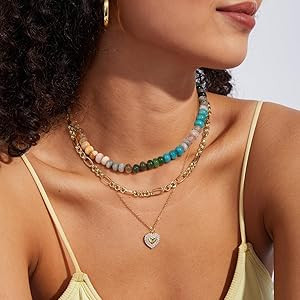 KissYan Beaded Gemstone Necklace for Women, Colorful Boho Bead Choker Natural Stone Surfer Beach ... | Amazon (US)