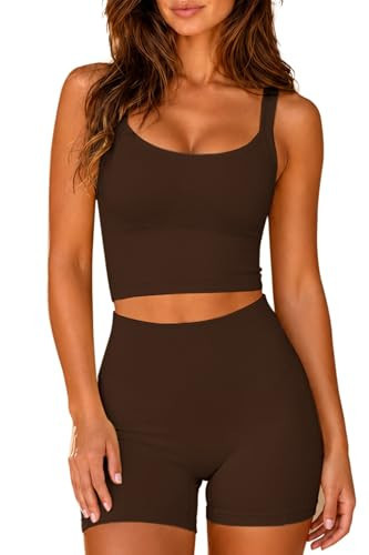 CHYRII Two Piece Workout Sets for Women Athletic 2 Piece Yoga Summer Outfits Lounge Matching Sets Clothing(Coffee M) | Amazon (US)