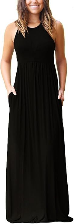 GRECERELLE Women's Sleeveless Racerback Loose Plain Maxi Dresses Casual Long Dresses with Pockets | Amazon (US)