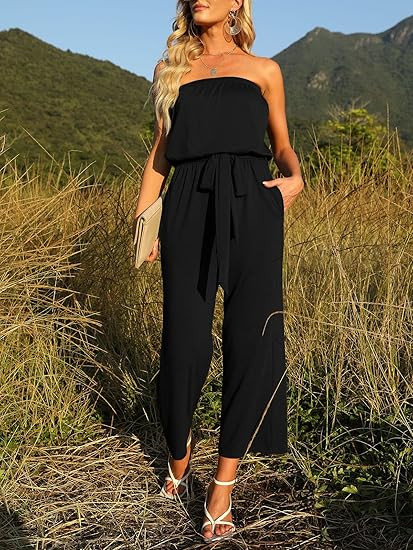 ZESICA Women's 2023 Casual Off Shoulder Solid Color Strapless Belted Wide Leg Jumpsuit Romper | Amazon (US)