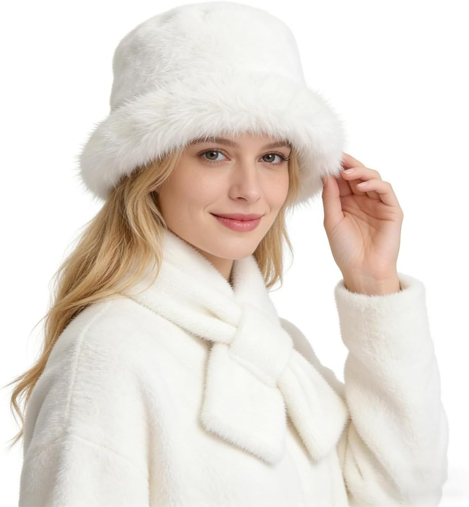 Winter Warm Fur Bucket Hat with Scarf for Women - Russian Style Fluffy Fuzzy Snow Hat Gift for Gi... | Amazon (US)