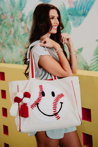 Baseball Oversized Happy Face Canvas Tote Bag | Katydid
