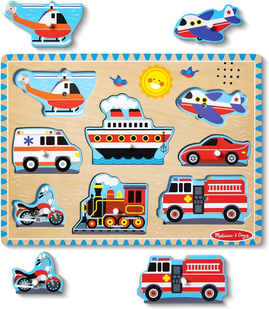 Melissa & Doug Vehicles Sound Puzzle - Wooden Peg Puzzle With Sound Effects (8 pcs) - Sound Puzzl... | Amazon (US)