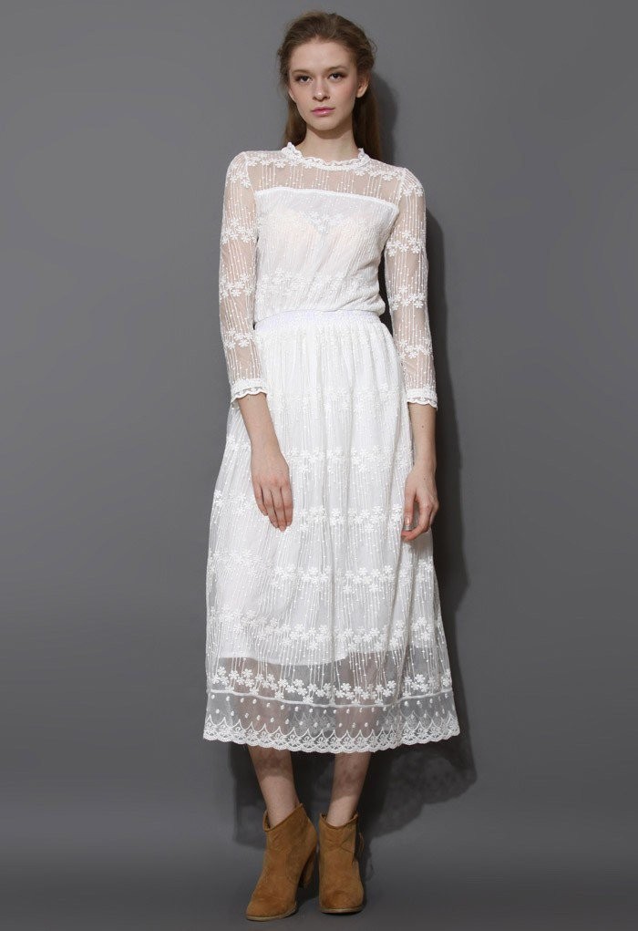 Full of Grace White Lace Mesh Maxi Dress Let's Blossom on a Mesh Skirt Boho Breeze Sheer Lace DressB | Chicwish