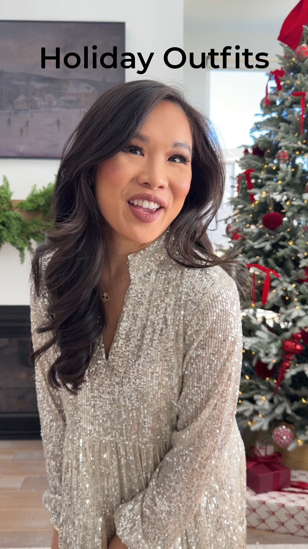 Classy holiday outfits including a sequin long sleeve dress, a velvet bow romper with pockets, bow strap mini cocktail dress and a red sweater dress with polka dot tights. 

#LTKHoliday #LTKPetite