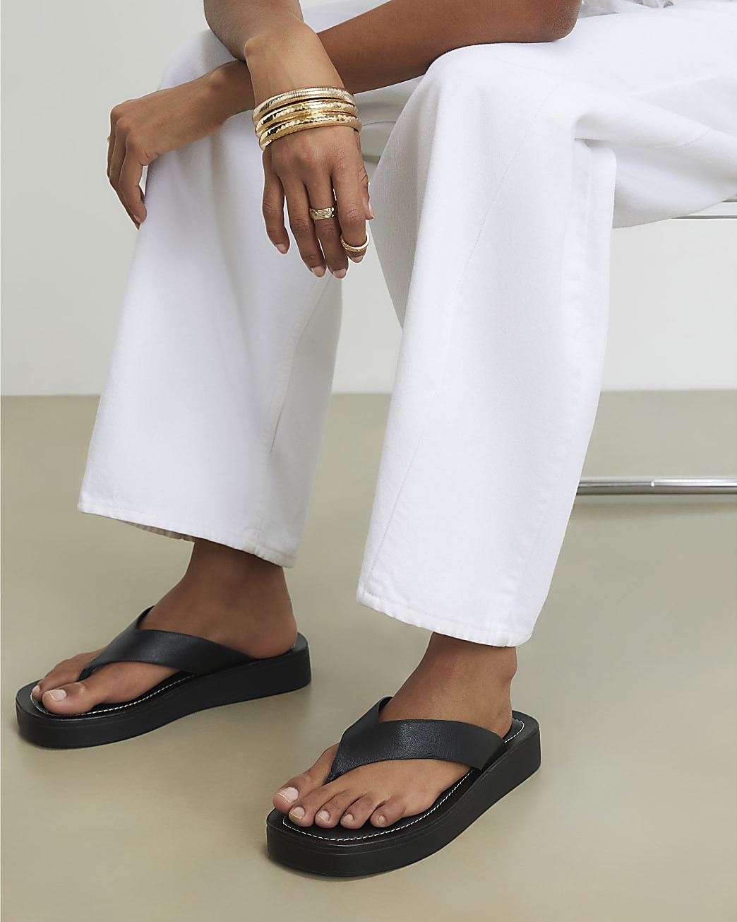 Black Leather Flatform Toe Thong Sandals | River Island UK & IE
