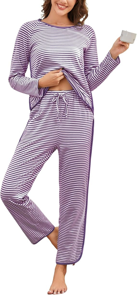 Womens Cotton Pajama Sets Stripe 2 Piece Lounge Set Long Sleeve Pj Set Comfy Loungewear Sleepwear... | Amazon (US)