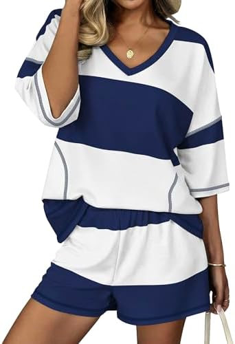 Ekouaer Two Piece Sets for Women Summer Lounge Sets 2026 Striped Shirts and Shorts Set Oversized ... | Amazon (US)