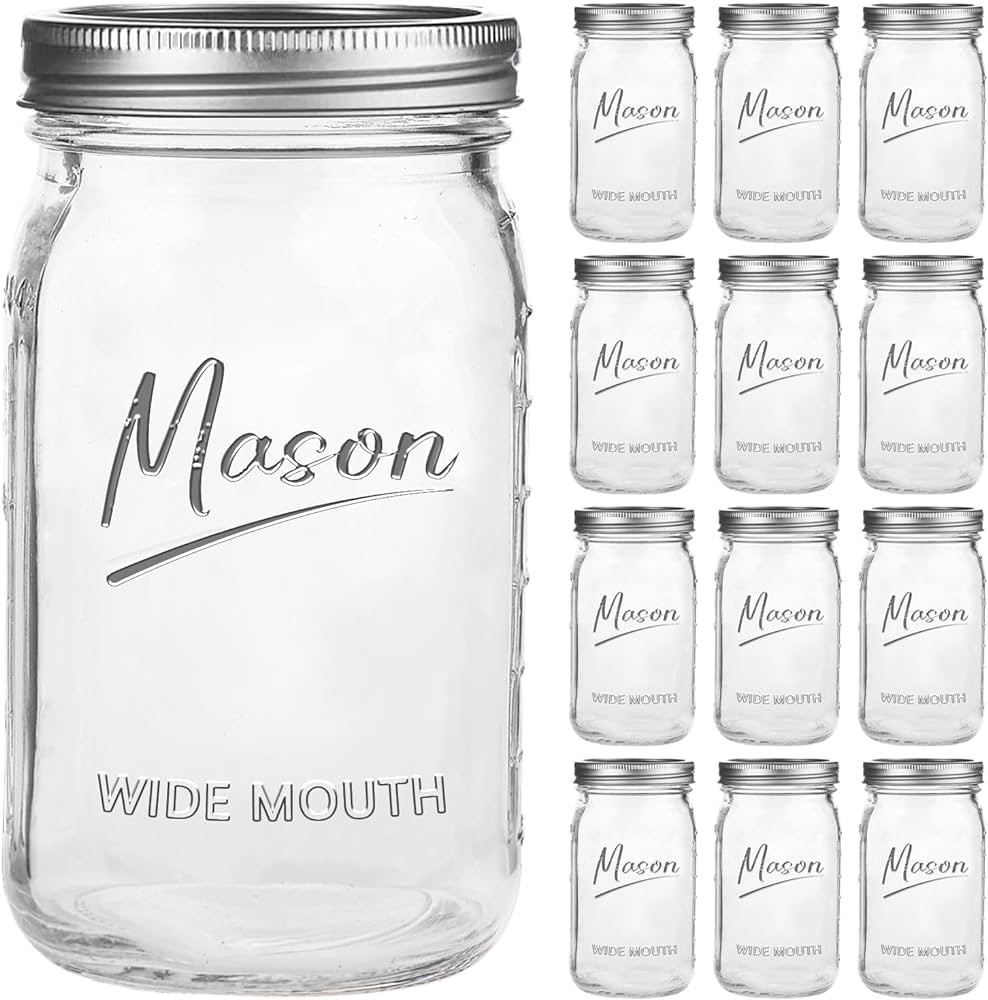 Mason Jars 32 oz,12 Pack Quart Wide Mouth Mason Jar With Airtight Lids,Glass Canning Jars for Fer... | Amazon (US)