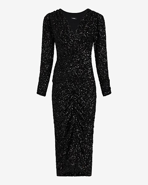 Sequin V-neck Puff Sleeve Ruched Midi Sheath Dress | Express