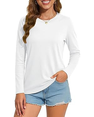 SMENG Womens Long Sleeve Shirt Cotton Crewneck Basic Tops Soft UPF50+ Athleisure Tshirt Fall Clot... | Amazon (US)