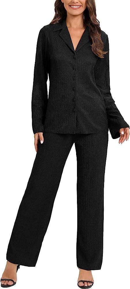 VIUTIL Women's Pleated Pants Set Long Sleeve Button Down Shirt Wide Leg Pants 2 Piece Outfits Str... | Amazon (US)