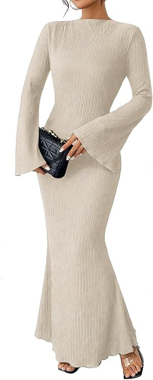 Narecte Women's Fall Maxi Dresses 2024 Boho Solid Color Mermaid Hem Flare Sleeve S-XL | Amazon (US)