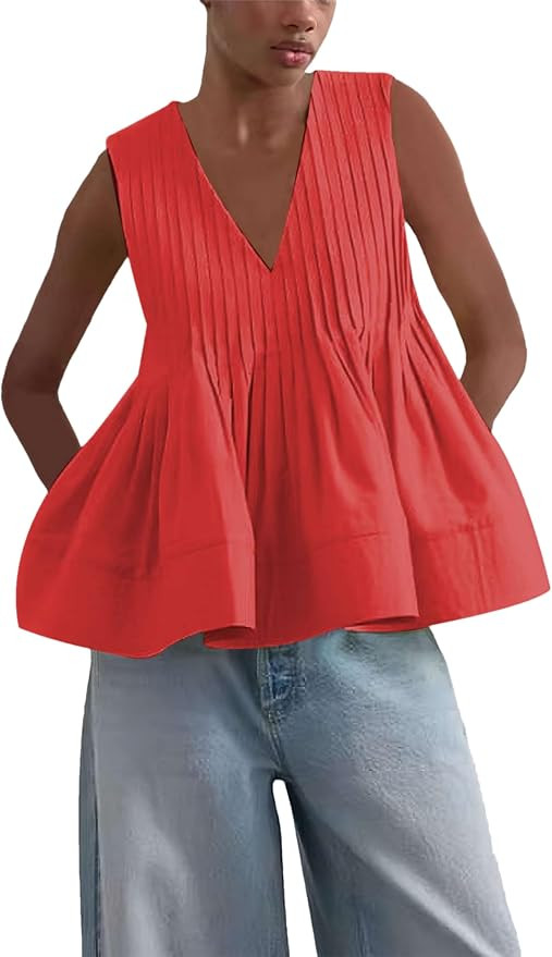 Wanzetaly Women's Summer Peplum Babydoll Tops Casual Sleeveless V Neck Blouse Tank Tops Pleated S... | Amazon (US)