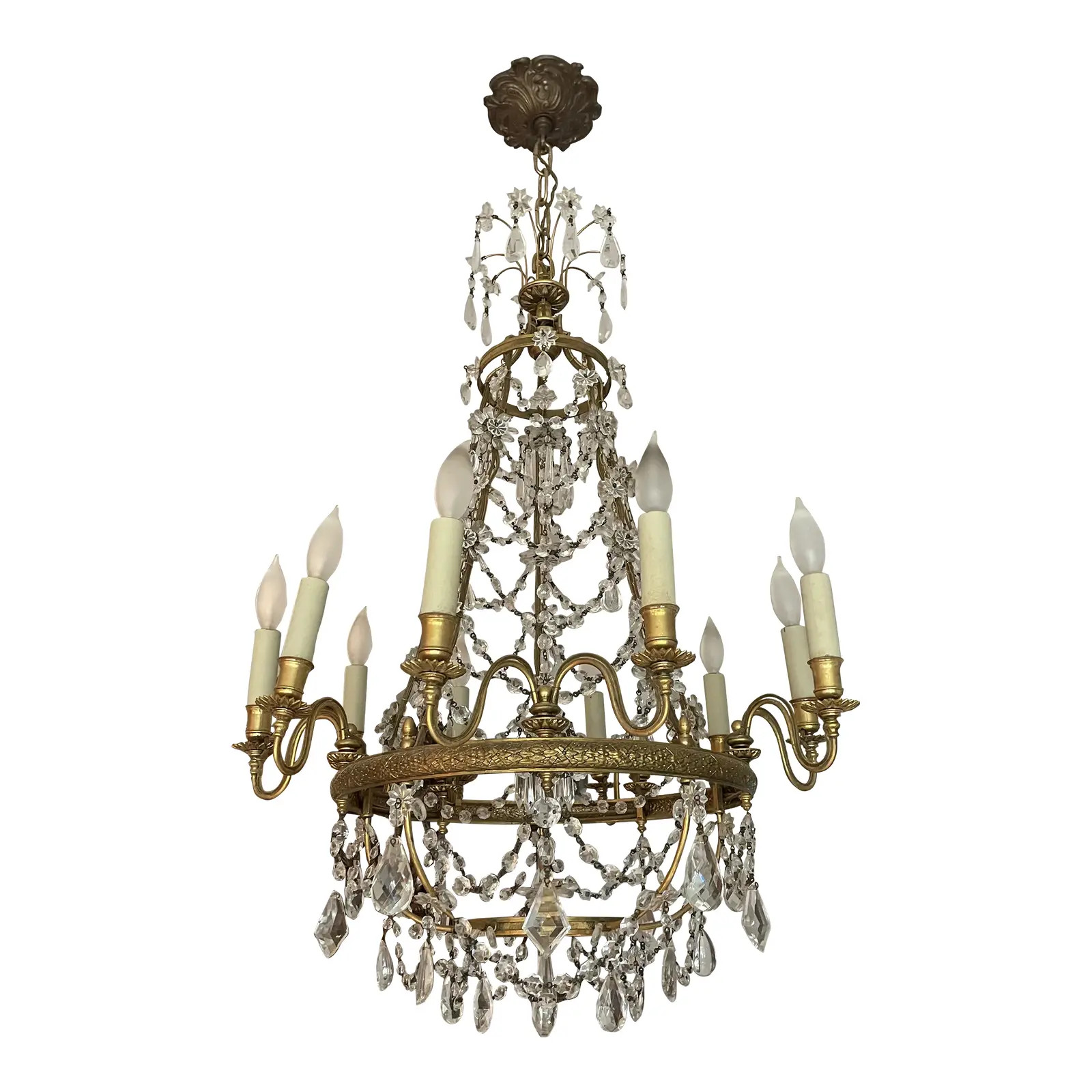 Vintage Empire Brass & Crystal Basket Chandelier With 10 Lights | Chairish