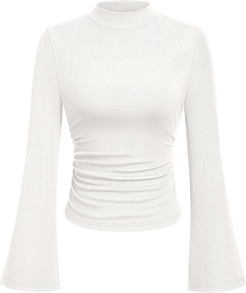 PRETTYGARDEN Womens Long Bell Sleeve Mock Neck Ribbed Tops | Amazon (US)