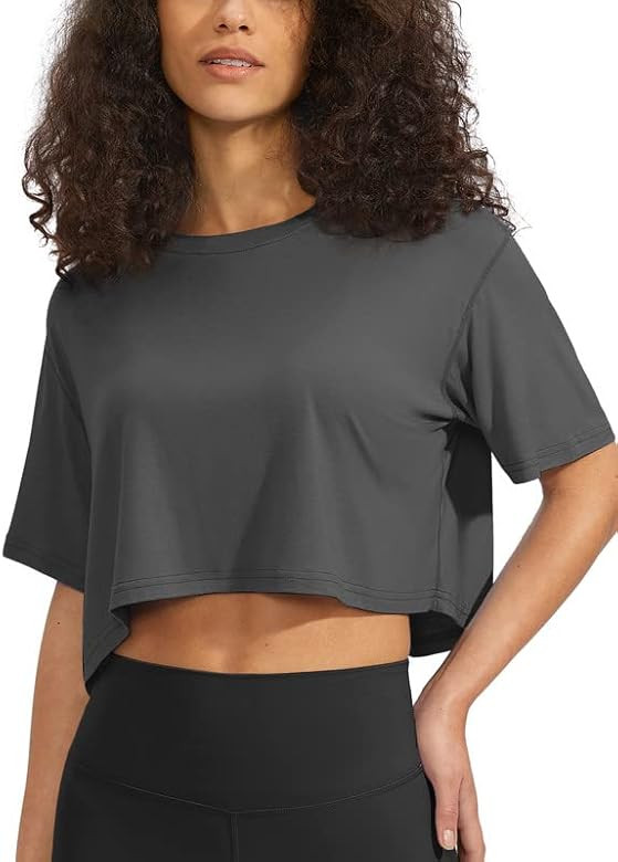 SANTINY Women's Workout Crop Tops Short Sleeve Loose Fit Cropped T-Shirt Gym Athletic Yoga Shirts... | Amazon (US)