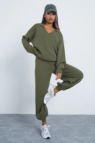 Khaki Collared Knitted Jogger Set | ISAWITFIRST UK