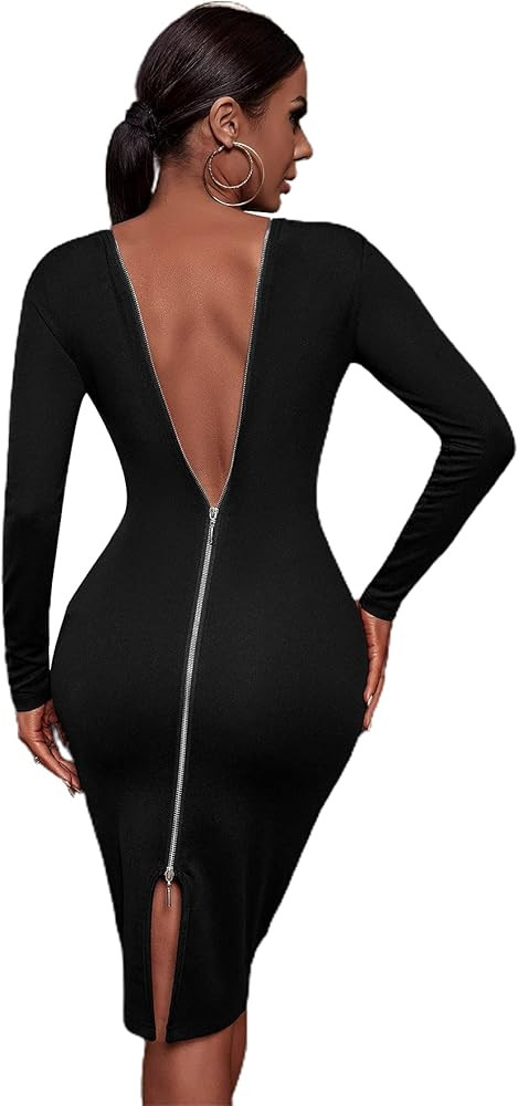 SheIn Women's Backless Zip Up Split Midi Bodycon Dress Round Neck Long Sleeve Solid Pencil Dresse... | Amazon (US)