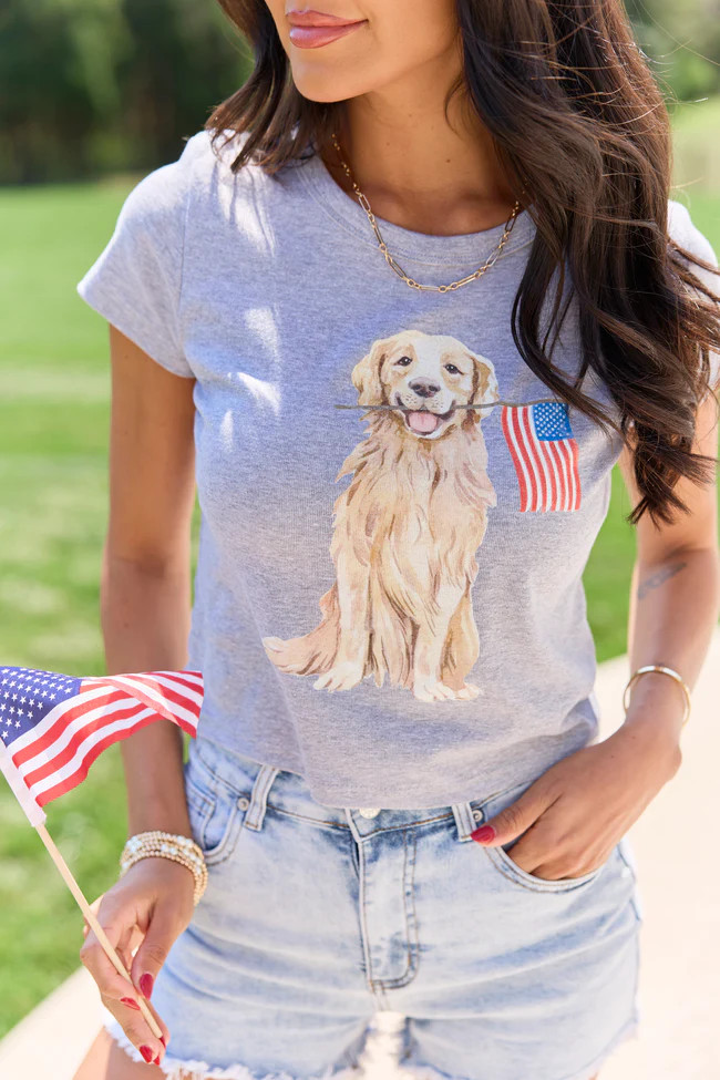 Patriotic Pup Heather Grey Baby Graphic Tee | Pink Lily