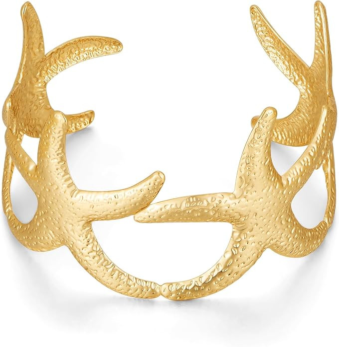 Wide Gold Cuff Bracelets for Women Boho Vintage Statement Starfish Open Bangle Bracelet Irregular... | Amazon (US)