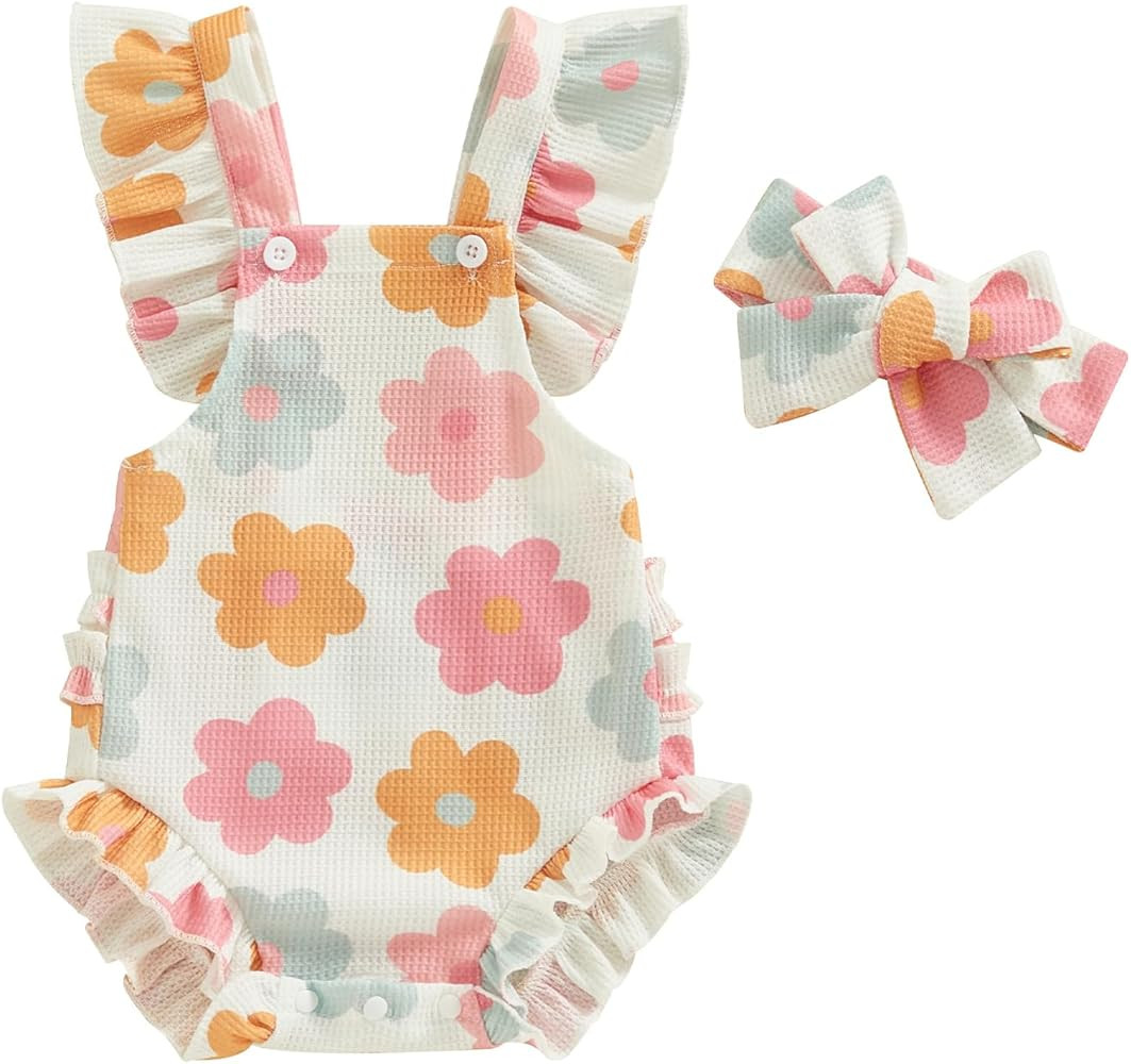 Infant Baby Girl Summer Clothes Outfits Cute Print Fly Sleeve Romper Jumpsuit Bodysuit with Headb... | Amazon (US)