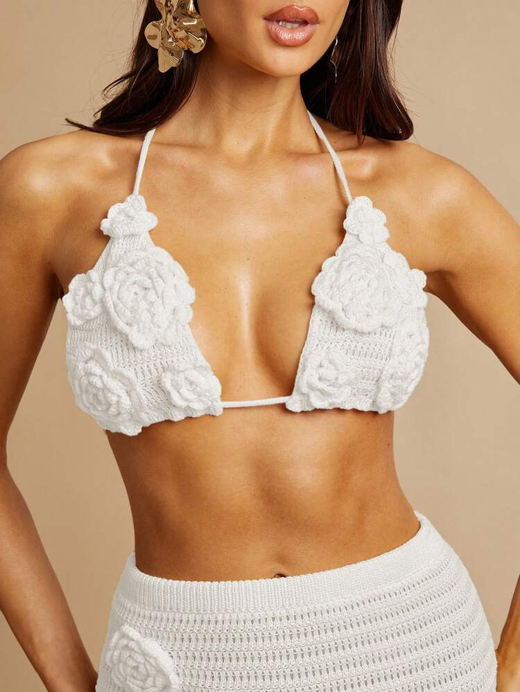 Silquee Cubrecostillas De Ganchillo De Punto De Unicolor Con Cuello Halter Y Tirantes Finos De Moda Para Mujer | SHEIN