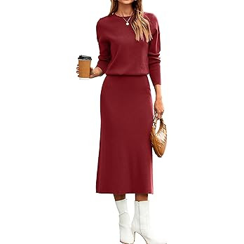 Glamaker Womens 2 Piece Skirt Sets Fall Long Sleeve Sweater Dress Casual Knit Midi Dress Travel O... | Amazon (US)