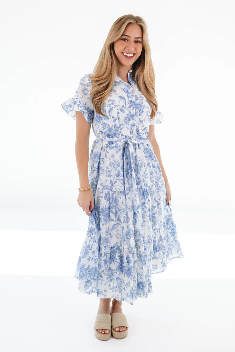 The Chloe Button Up Midi Dress - White/Blue | The Impeccable Pig