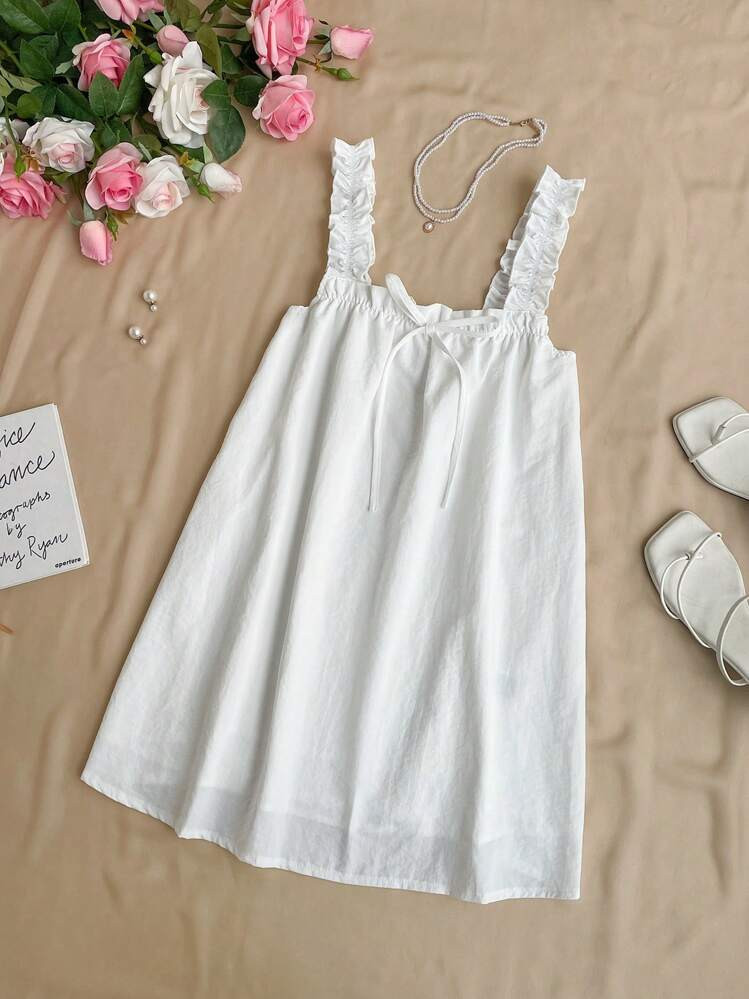 Elamini Vacation Style Simple Frill Strap Solid Color Collared A-Line Mini Dress, Summer | SHEIN