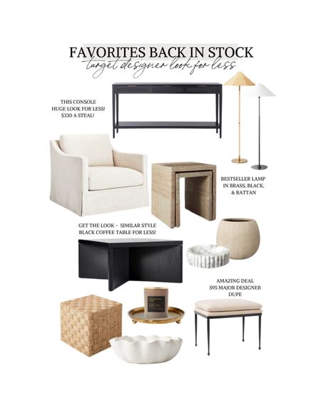 Target designer look for less back in stock. Target furniture in stock. Studio McGee target in stock. 

Home decor. Target home decor. Studio McGee target furniture. Studio McGee target decor. Look for less. Designer look for less. Coffee table. Woven stool. Ottoman. Side table. Accent table. Console table. Chair. Upholstered chair. Lamp. Floor lamp. Vase. Bowl. Marble decor. Scallop bowl. Brass decor. Brass tray  

#LTKhome #LTKFind #LTKunder50