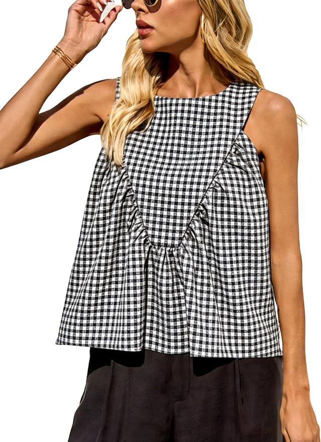 QIBABU Womens Gingham Tank Tops Summer Sleeveless Crewneck Blouses Flowy Plaid Peplum Babydoll To... | Amazon (US)