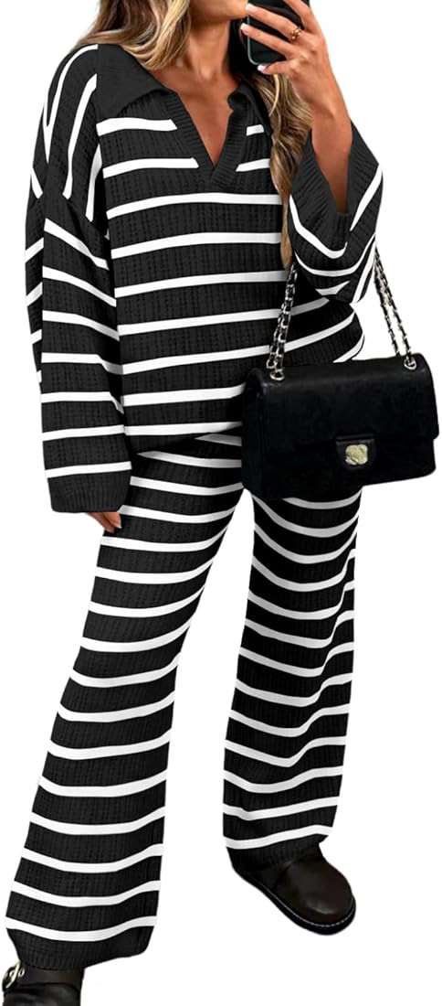 LILLUSORY Womens 2 Piece Lounge Sweater Sets Matching Clothing Crochet Striped V Neck Sweaters an... | Amazon (US)