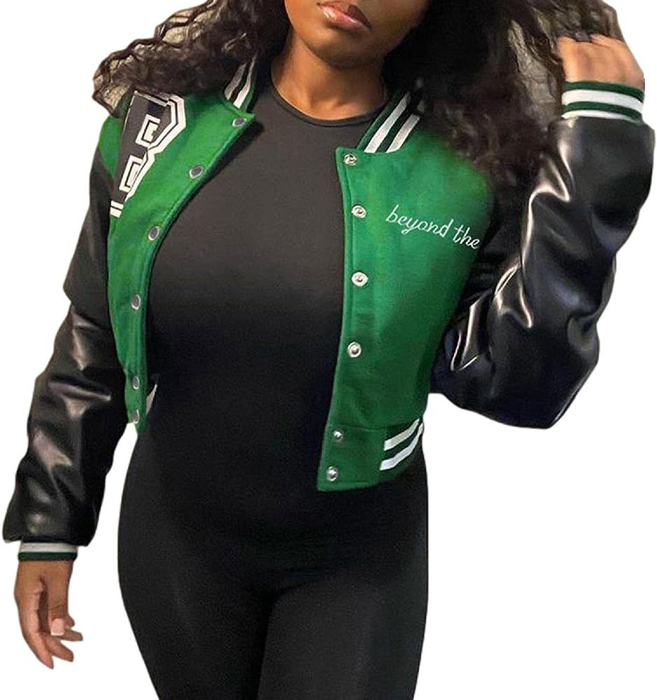 Women Crop Bomber Jacket Oversized Varsity Button Down Baseball Coat Casual Patchwork Outwear Vin... | Amazon (US)