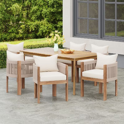 Christopher Knight Home Chase 7 Piece Outdoor Rope Weave Acacia Wood Dining Set with Cushions, Teak/Beige | Target