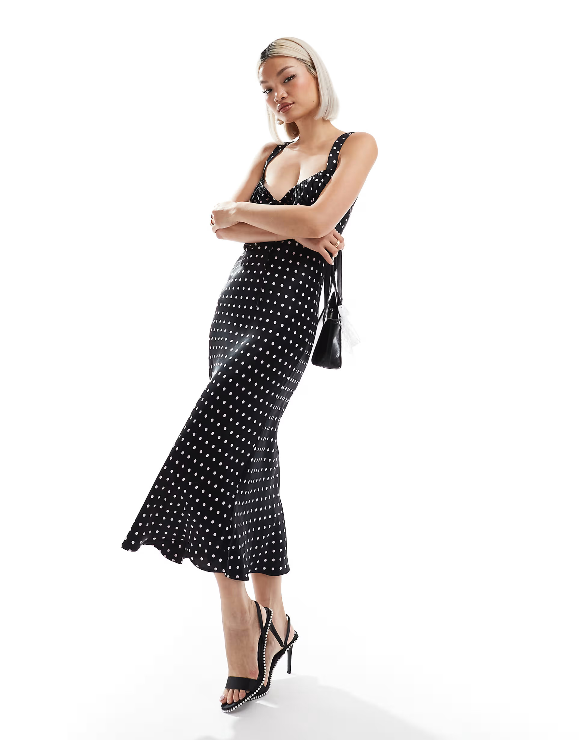 ASOS DESIGN satin ruched bust midaxi dress in pink polka dot | ASOS (Global)