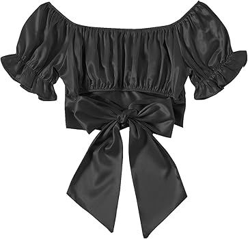 LYANER Women's Ruffle Short Sleeve Tie Up Back Crop Top Off Shoulder Bardot Blouse | Amazon (US)