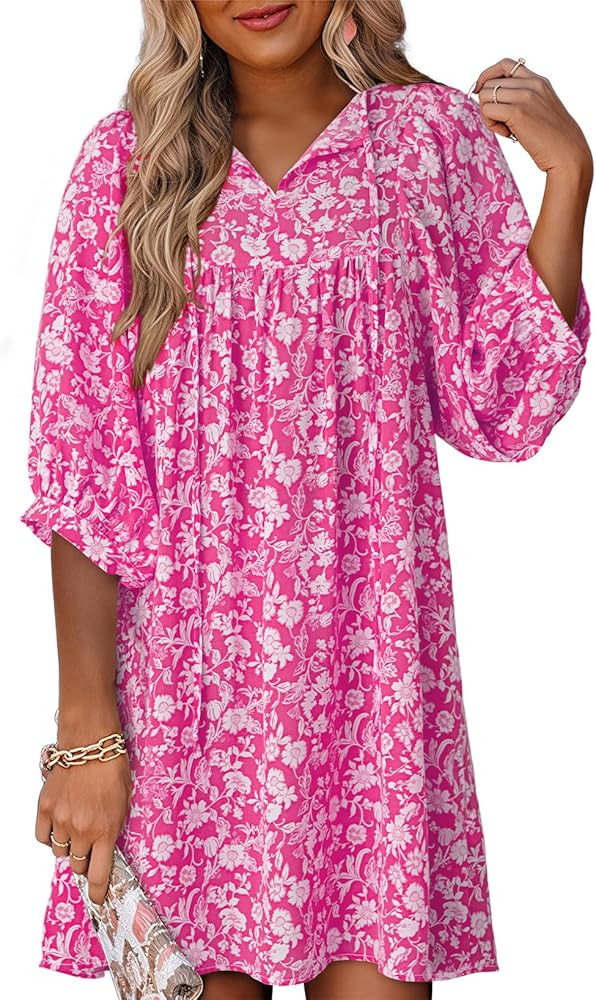 Womens Summer Dresses 2025 Boho Floral Drawstring V Neck Chiffon Lantern Sleeve Beach Vacation Mi... | Amazon (US)