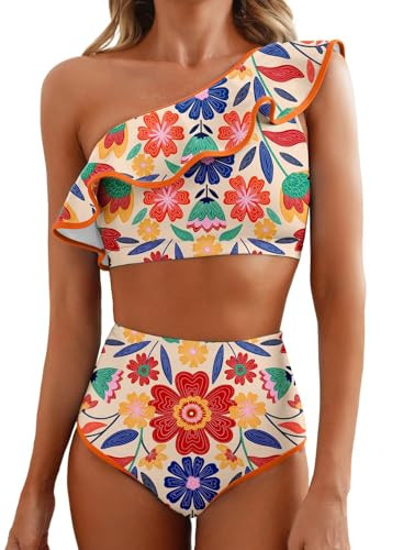 Herseas Women's One Shoulder Cute Bikini Sets High Waisted Color Block Trim Ruffle Swim Suit Double DD Top Padded Bathing Suits Multicolor Floral Print Fashion Beach Vacation Outfits Orange XX-Large | Amazon (US)