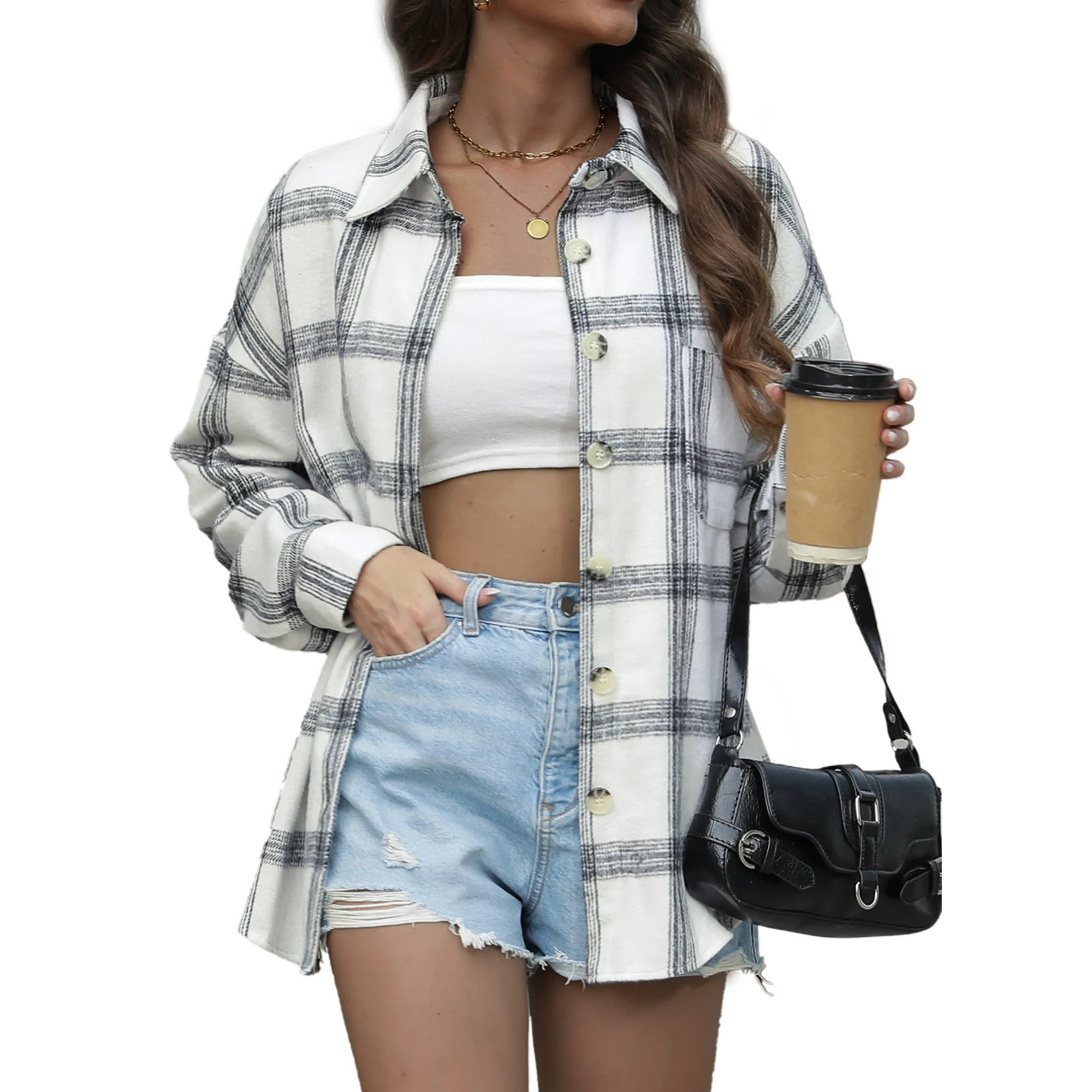 Fantaslook Womens Plaid Shirts Flannel Shacket Jacket Long Sleeve Button Down Shirts Blouses Tops | Walmart (US)