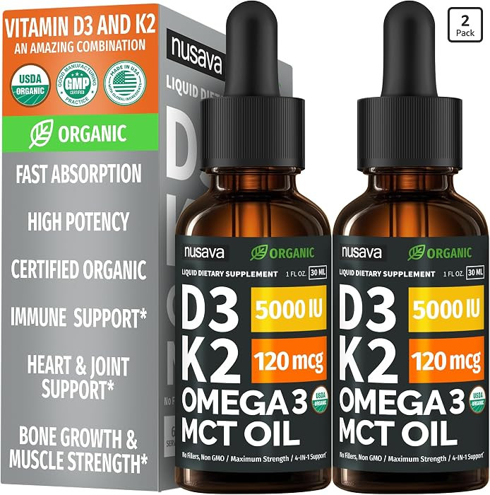 Nusava Organic Vitamin D3 K2 Drops with MCT Oil, Unflavored, Pack of 2 | Amazon (US)