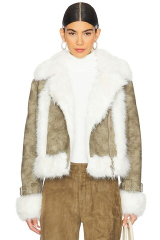 Apparis Jay Distressed Bonded Coat in Sage & Blanc from Revolve.com | Revolve Clothing (Global)