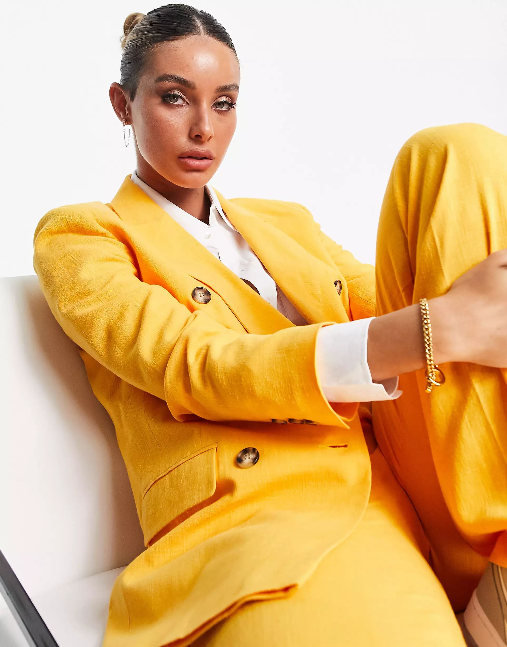 ASOS DESIGN linen double breasted suit blazer in citrus | ASOS (Global)