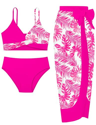 Queenstyle Teen Girls Swimsuit Size 12-14 Bathing Suits for Teens Color Block Cross Three Piece Bikini Set Pink Tropical Print Girls' Swimwear with Cover Up Wrap Skirt | Amazon (US)