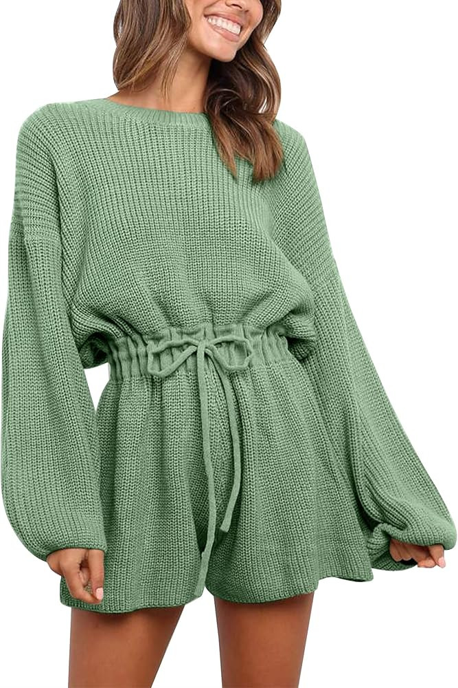 Quenteen Women's Loose Fit Knit Playsuit Sweater Elastic Waist Long Lantern Sleeve Jumpsuit and R... | Amazon (US)