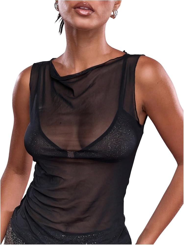 Milumia Women's Sheer Mesh Tank Top Sleeveless See Through Rave Tops Party | Amazon (US)
