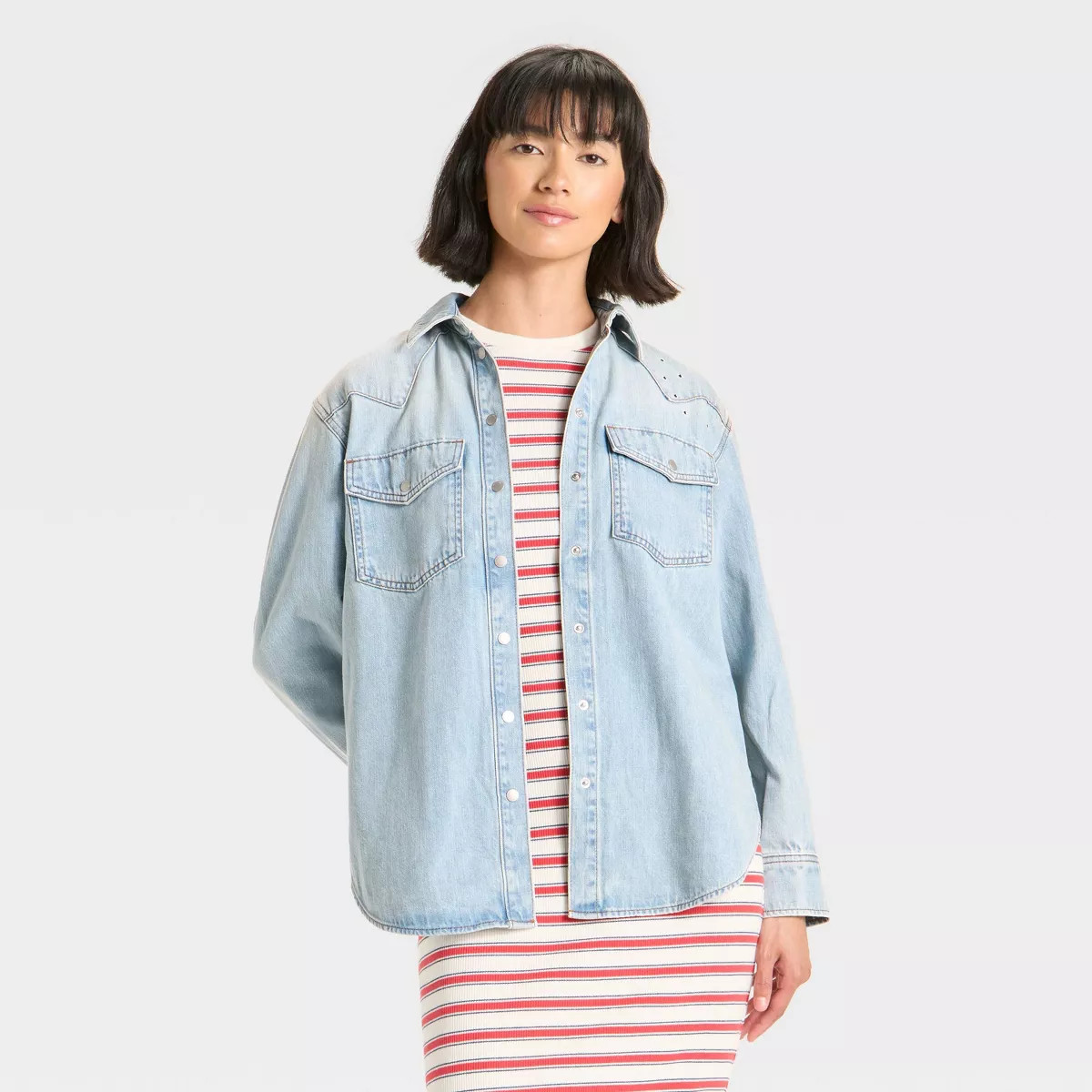 Women's Long Sleeve Star Embroidered Western Shirt - Universal Thread™ Light Wash | Target