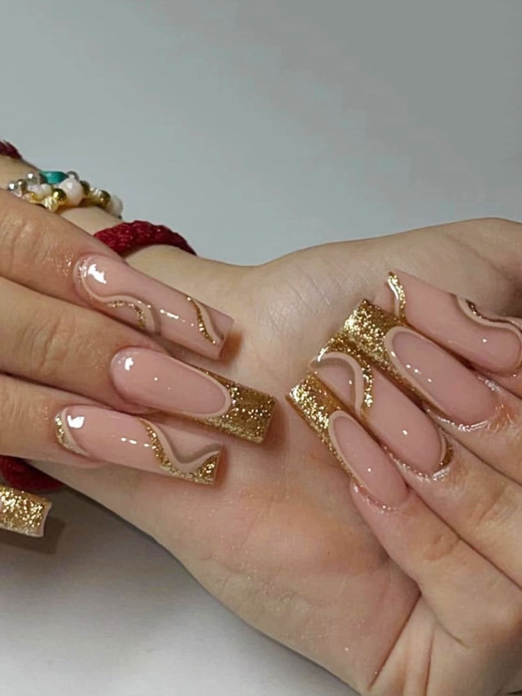 24pcs Long Coffin Glitter Detail Fake Nail & 1pc Nail File & 1sheet Tape | SHEIN